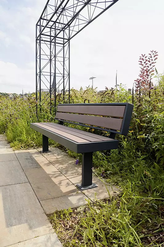 Sitzbank PRASEM mit Rückenlehne, Stahlteile in RAL 7016 anthrazitgrau