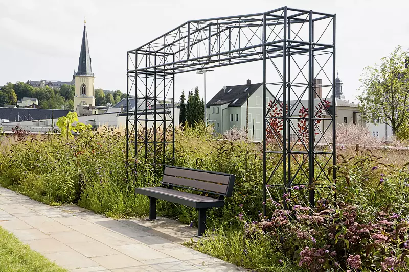 Sitzbank PRASEM mit Rückenlehne, Stahlteile in RAL 7016 anthrazitgrau