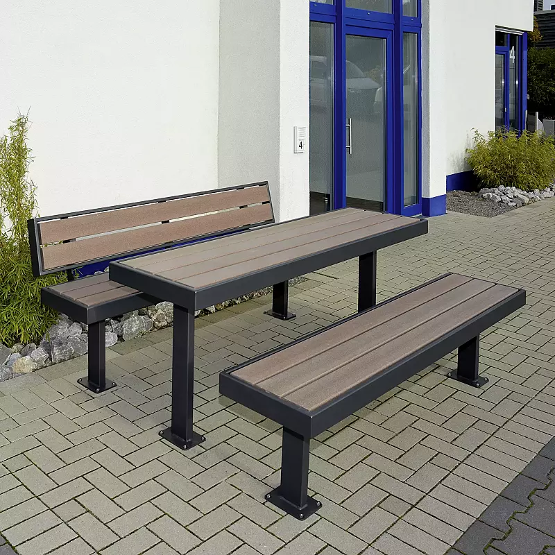 Sitzbänke und Tisch PRASEM, mit WPC-Holzbelattung, Stahlteile in RAL 7016 anthrazitgrau