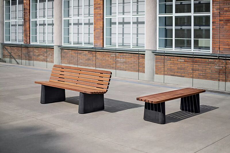 Sitzbank REFORMA mit und ohne Rückenlehne, gerade, mit Längsbelattung, mit Jatobaholzbelattung, HSC®-Beton in dunkelgrau