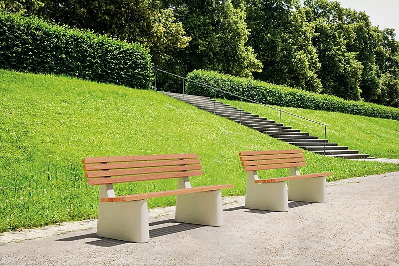 Sitzbank REFORMA mit schmaler Rückenlehne, mit Längsbelattung, mit Jatobaholzbelattung, HSC®-Beton in hellgrau