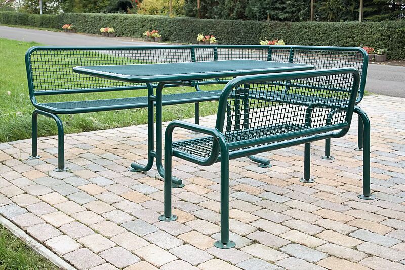 Sitzbank RIMINI mit Rückenlehne, Eckbank RIMINI (Typ ML) und Tisch RIMINI, in RAL 6005 moosgrün