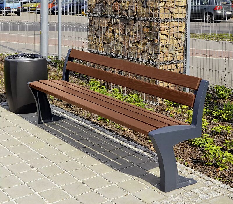 Sitzbank TALLIN mit Rückenlehne, Aluminiumguss in RAL 7016 anthrazitgrau und Abfallbehälter TALLIN in RAL 7016 anthrazitgrau