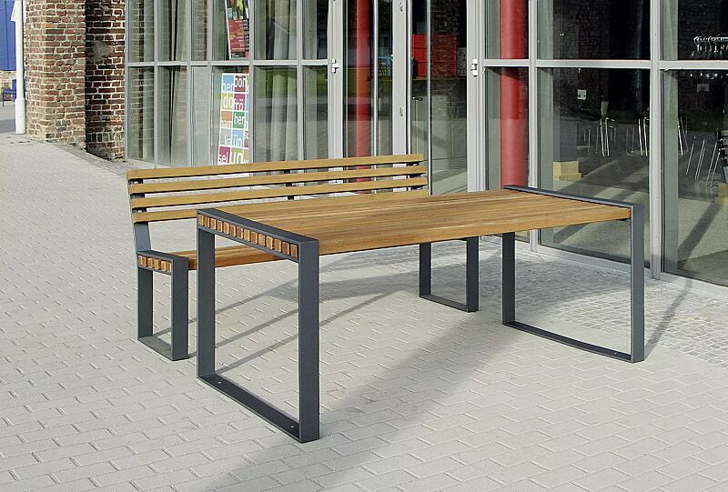 Kombinationsvorschlag: Sitzbank TAMORES mit Rückenlehne und Tisch TAMORES, Stahlteile in RAL 7016 anthrazitgrau