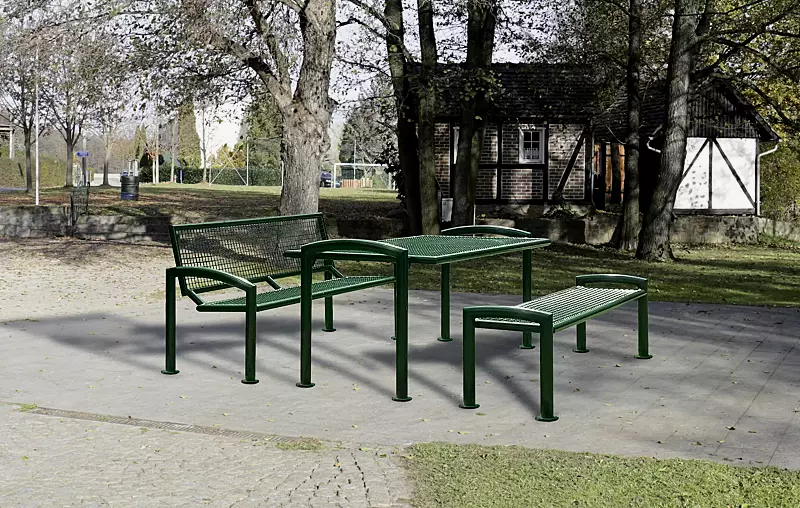 sitzbank-torre__shoKAT0063305 Bank-Tisch-Kombination TORRE bestehend aus Sitzbank mit und ohne Rückenlehne und einem Tisch, in RAL 6005 moosgrün