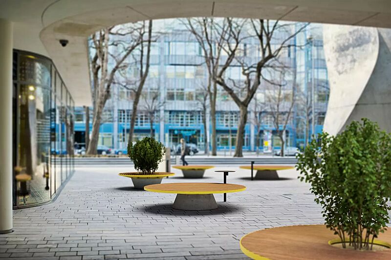 Sitzelemente CONICS mit Jatobaholzbelattung, HPC-Beton in hellgrau, mit bzw. ohne Pflanzeinfassung, Stahlteile in RAL 1012 zitronengelb