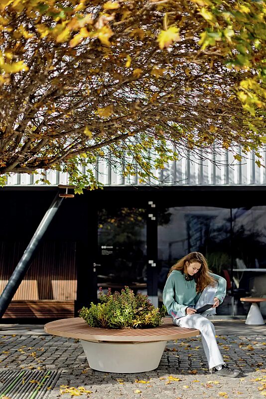 Sitzelement CONICS mit Jatobaholzbelattung, HPC-Beton in hellgrau, inkl. Pflanzeinfassung, Stahlteile in RAL 3016 korallenrot