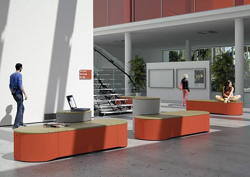 sitzpodest-urban-islands__shoKAT0032092 Sitzpodeste URBAN ISLANDS, verschiedene Ausführungen, mit Jatobaholzbelattung, Stahlteile in RAL 9007 graualuminium und RAL 3003 rubinrot