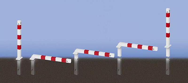 Sperrpfosten GERNIKA NEW zum Einbetonieren, einseitig kippbar und herausnehmbar, mit Dreikantschloss, in RAL 9010 reinweiß mit roten Reflexstreifen