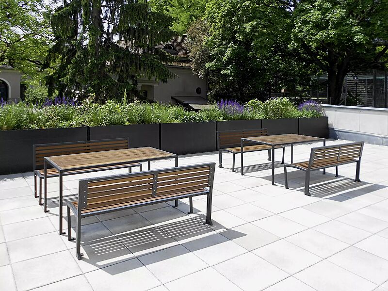 Tisch CAMILLA und Sitzbänke CAMILLA mit Rückenlehne, mit Hartholzbelattung, Stahlteile in RAL 7016 anthrazitgrau