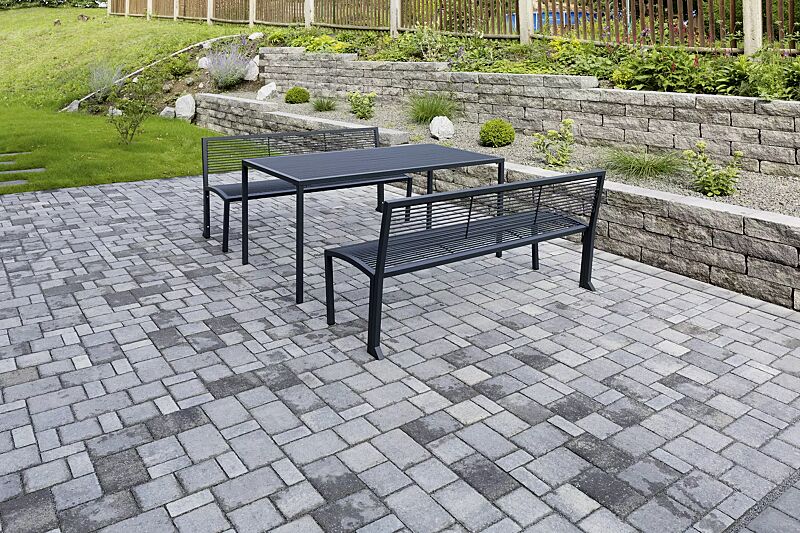 Tisch CAMILLA und Sitzbänke CAMILLA mit Rückenlehne, in RAL 7016 anthrazitgrau