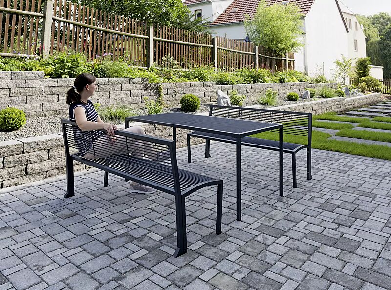 Tisch CAMILLA und Sitzbänke CAMILLA mit Rückenlehne, in RAL 7016 anthrazitgrau