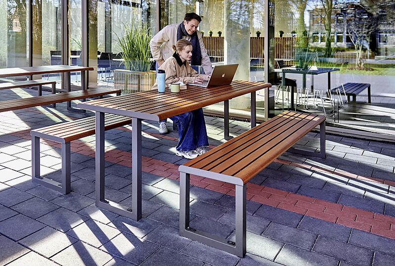 tisch-mantua__shoKAT0077326 Tisch MANTUA und Sitzbank MANTUA, Aluminium in natürlichem Durmast Eichenholzoptik-Effekt, Stahlteile in DB 703 eisenglimmer