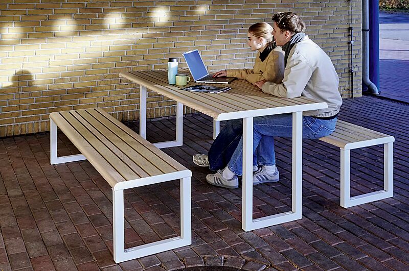 tisch-mantua__shoKAT0077327 Tisch MANTUA und Sitzbank MANTUA, Aluminium in natürlichem Eschenholzoptik-Effekt, Stahlteile in RAL 9003 signalweiß