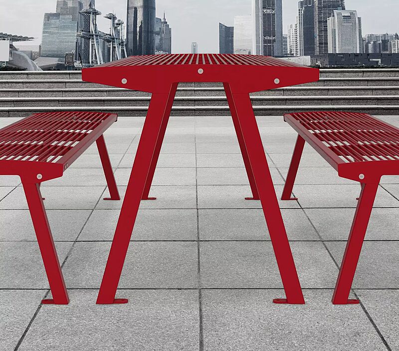 Tisch NOALE und Sitzbänke NOALE ohne Rückenlehne, in RAL 3000 feuerrot