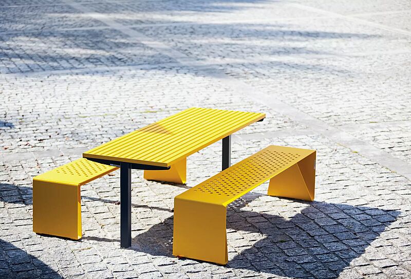 tisch-radium__shoKAT0063536 Tisch RADIUM und Sitzbank RADIUM ohne Rückenlehne, Stahlteile in RAL 1021 rapsgelb und 7016 anthrazitgrau (zweifarbig auf Anfrage)