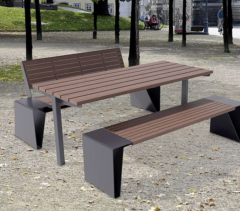 Tisch RADIUM und Sitzbank RADIUM mit und ohne Rückenlehne, mit Jatobaholzbelattung, Stahlteile in RAL 7016 anthrazitgrau