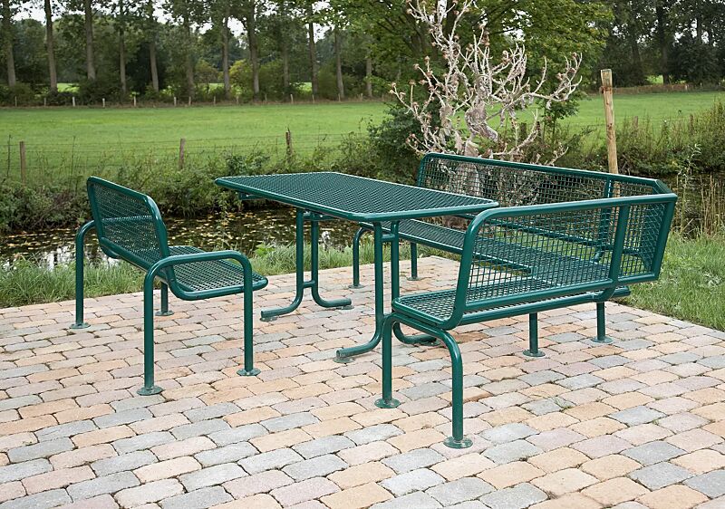 Tisch RIMINI, Sitzbank RIMINI mit Rückenlehne und Eckbank RIMINI, in RAL 6005 moosgrün