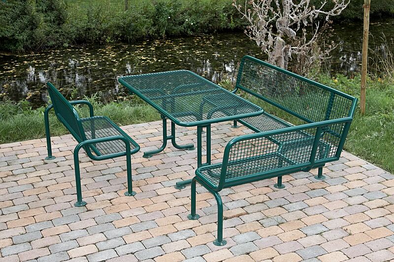 Tisch RIMINI, Sitzbank RIMINI mit Rückenlehne und Eckbank RIMINI, in RAL 6005 moosgrün