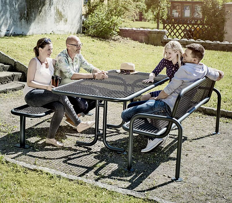 Tisch RIMINI und Sitzbänke RIMINI ohne und mit Rückenlehne, in RAL 7016 anthrazitgrau