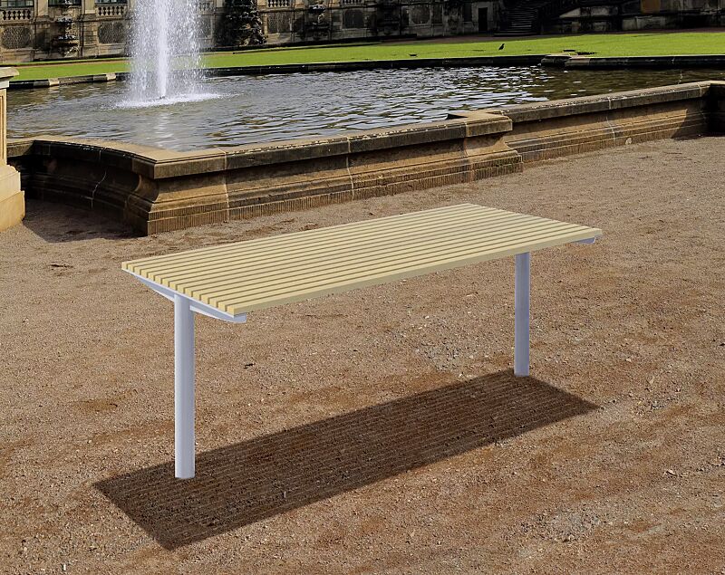 Tisch UNI TWO mit Robinienholzbelattung, Stahlteile in RAL 9006 weißaluminium