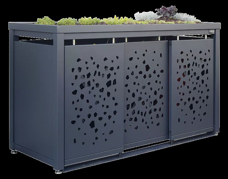 Müllbehälter-Dreifachschrank STYLEOUT® TOMO mit Pflanzdach, Dachbegrünung (bauseits), Aluminiumkonstruktion in RAL 7016 anthrazitgrau