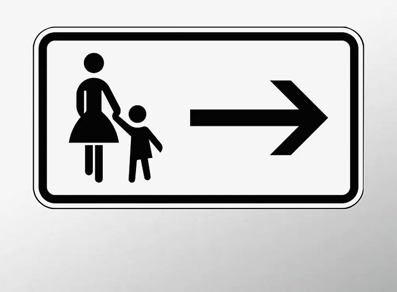 Verkehrszeichen: Fußgänger Gehweg gegenüber benutzen, rechtsweisend