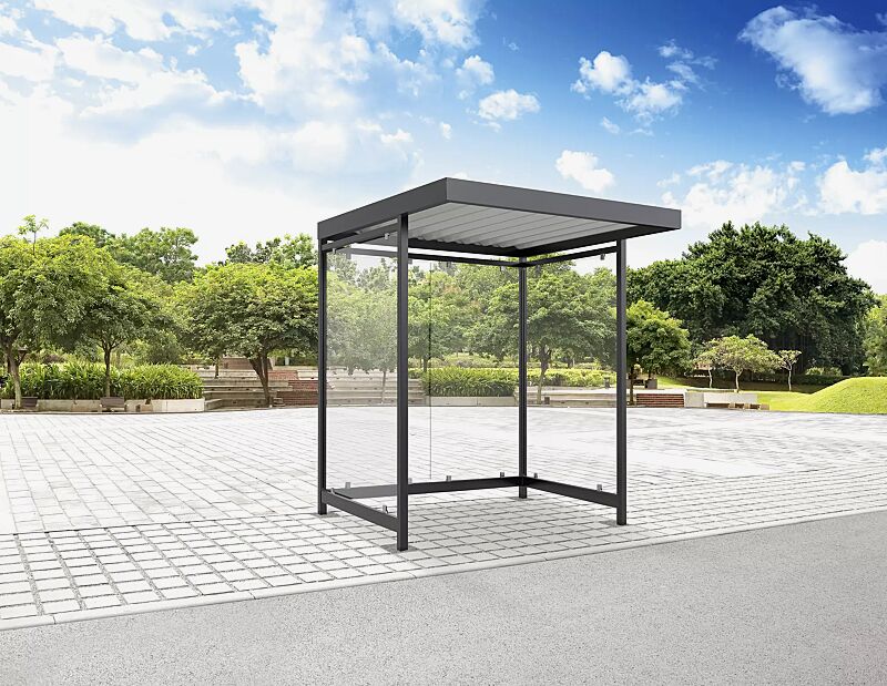 Wartehalle AQUILA, Dachbreite x Dachtiefe 2165 mm x 2165 mm, zum Aufdübeln bei -200 mm, Rück- / Seitenwände ESG, Klarglas, Stahlkonstruktion in RAL 7016 anthrazitgrau Wartehalle AQUILA Dachbreite x Dachtiefe 2165 mm x 2165 mm, zum Aufdübeln bei -200 mm...