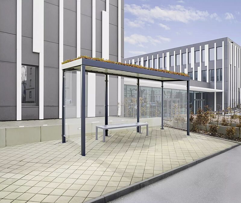 Wartehalle GEMALA GREEN, Dachbreite x Dachtiefe 4600 mm x 1600 mm, ink. Rück- / Seitenwände ESG, Klarglas, Dacheindeckung Trapezblech, Stahlkonstruktion in RAL 7016 anthrazitgrau Wartehalle GEMALA GREEN, Dachbreite x Dachtiefe 4600 mm x 1600 mm, Stahlk...