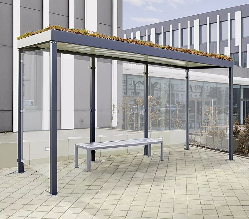 Wartehalle GEMALA GREEN, Dachbreite x Dachtiefe 4600 mm x 1600 mm, ink. Rück- / Seitenwände ESG, Klarglas, Dacheindeckung Trapezblech, Stahlkonstruktion in RAL 7016 anthrazitgrau Wartehalle GEMALA GREEN, Dachbreite x Dachtiefe 4600 mm x 1600 mm, Stahlk...