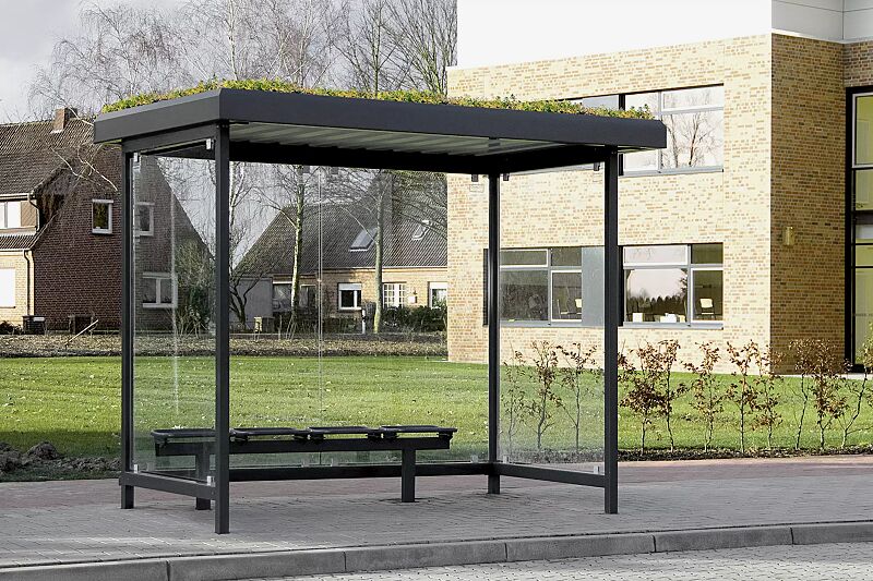 Wartehalle GRÜNSTADT, Dachbreite x Dachtiefe 2520 mm x 1800 mm, mit Rück- / Seitenwänden, Drahtgittersitz TARVIS, Stahlkonstruktion in RAL 7016 anthrazitgrau