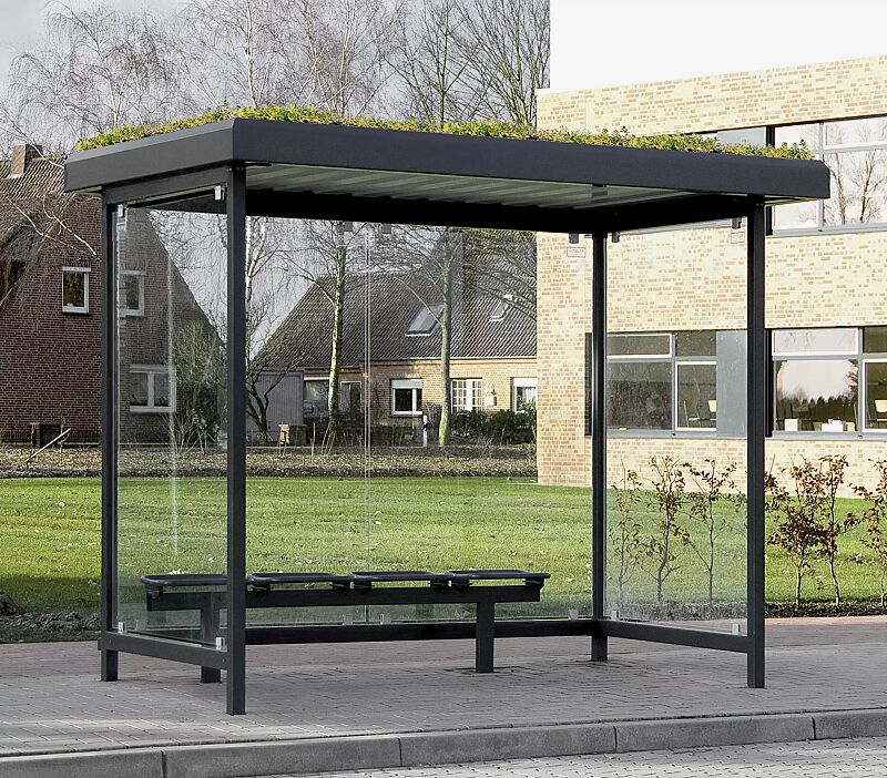 Wartehalle GRÜNSTADT, Dachbreite x Dachtiefe 2520 mm x 1800 mm, mit Rück- / Seitenwänden, Drahtgittersitz TARVIS, Stahlkonstruktion in RAL 7016 anthrazitgrau