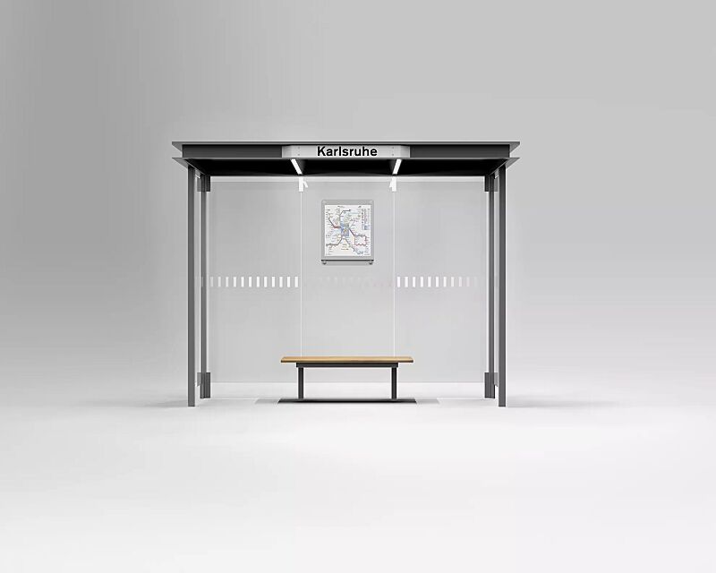 wartehalle-horec__shoKAT0058811 Wartehalle HOREC, Dachbreite x Dachtiefe 2955 mm x 1484 mm, Rück- / Seitenwände VSG, Klarglas, mit Sichtstreifen, Sitzbank mittig, Fahrplanschaukasten, LED-Beleuchtung, Stahlkonstruktion in RAL 9007 graualuminiumWartehalle HOREC, Dachbreite x Dachtiefe...