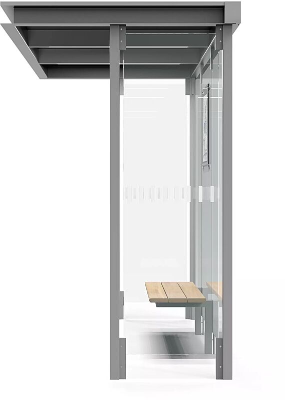 wartehalle-horec__shoKAT0058812 Wartehalle HOREC, Dachbreite x Dachtiefe 2955 mm x 1484 mm, Rück- / Seitenwände VSG, Klarglas, mit Sichtstreifen, Sitzbank mittig, Fahrplanschaukasten, Stahlkonstruktion in RAL 9007 graualuminium