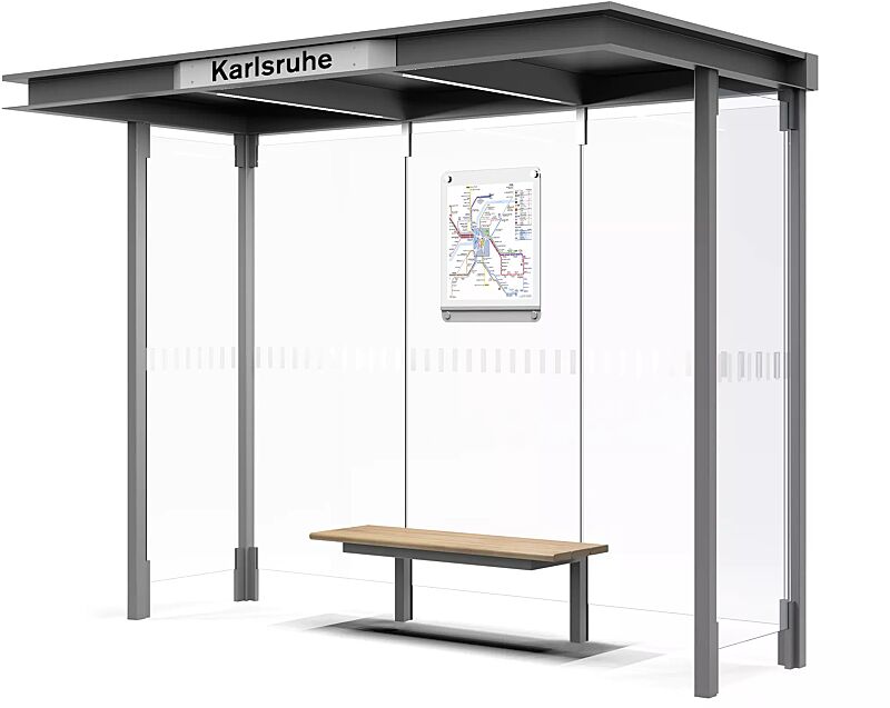 wartehalle-horec__shoKAT0058814 Wartehalle HOREC, Dachbreite x Dachtiefe 2955 mm x 1484 mm, Rück- / Seitenwände VSG, Klarglas, mit Sichtstreifen, Sitzbank mittig, Fahrplanschaukasten, Stahlkonstruktion in RAL 9007 graualuminium