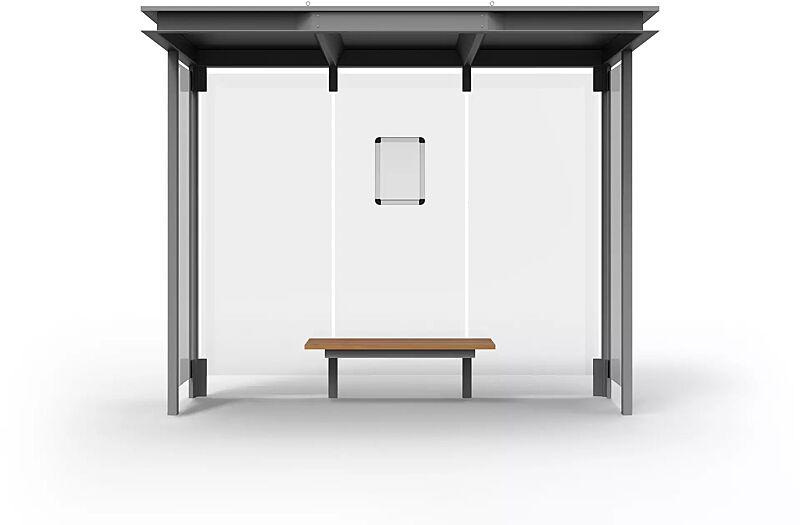 wartehalle-horec__shoKAT0058816 Wartehalle HOREC, Dachbreite x Dachtiefe 2955 mm x 1484 mm, Rück- / Seitenwände VSG, Klarglas, mit Sichtstreifen, Sitzbank mittig, Fahrplanschaukasten, Stahlkonstruktion in RAL 9007 graualuminium