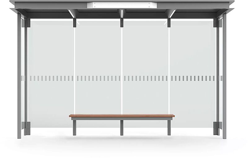 wartehalle-horec__shoKAT0060024 Wartehalle HOREC, Dachbreite x Dachtiefe 3874 mm x 1484 mm, Rück- / Seitenwände VSG, Klarglas, mit Siebdruckstreifen, Sitzbank mittig, Stahlkonstruktion in RAL 9007 graualuminium