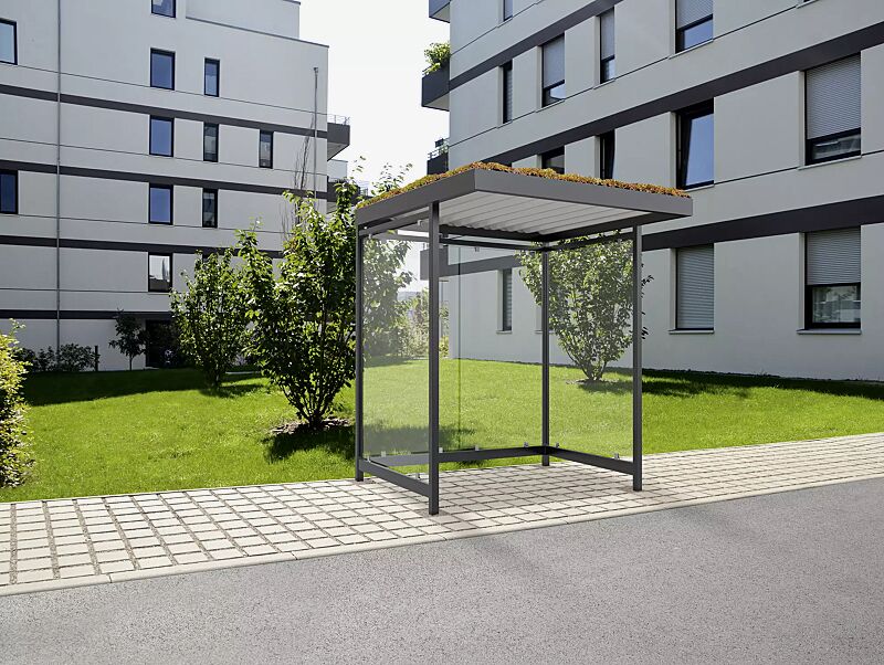 Wartehalle LEONIS GREEN, Dachbreite x Dachtiefe 2165 mm x 2165 mm, mit Rück- und Seitenwänden, Stahlkonstruktion in RAL 7016 anthrazitgrauWartehalle LEONIS GREENDachbreite x Dachtiefe 2165 mm x 2165 mm, Stahlkonstruktion feuerverzinkt, grundiert und fa...