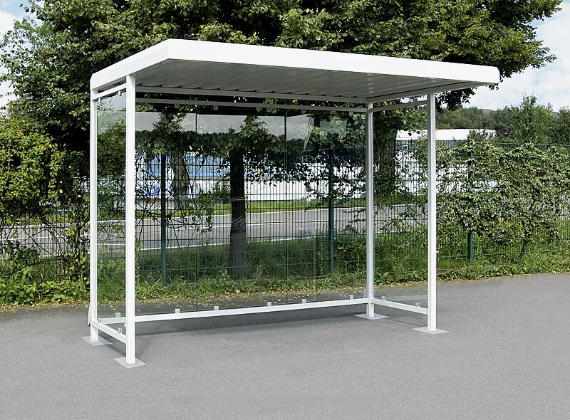 Wartehalle LEONIS, Dachbreite x Dachtiefe 3180 mm x 2165 mm, zum Aufdübeln bei -200 mm, mit Rück- / Seitenwänden, Stahlkonstruktion in RAL 9016 verkehrsweiß