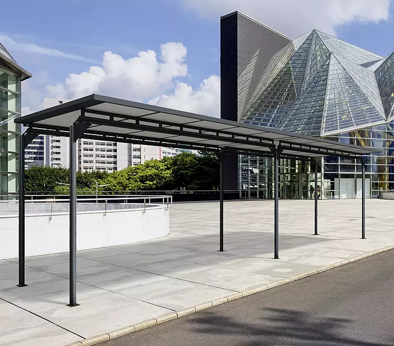 Wartehalle MATRIX PRO, Dachbreite x Dachtiefe 10090 mm x 2750 mm, Stahlkonstruktion in RAL 7016 anthrazitgrau