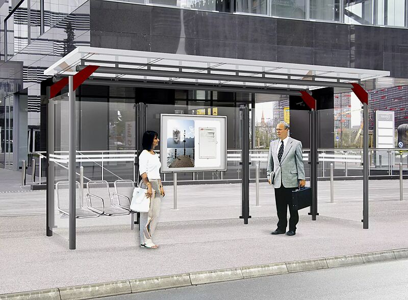 Wartehalle MATRIX, Dachbreite x Dachtiefe 5090 mm x 2250 mm, Rück- / Seitenwände ESG, Klarglas mit Siebdruckstreifen, Stützenköpfe farblich abgesetzt in RAL 3005 weinrot, Schaukasten TESSALIA, Stahlkonstruktion in RAL 9006 weißaluminium