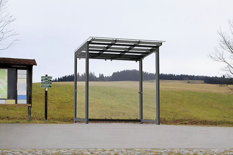 Wartehalle PICTOR, Dachbreite x Dachtiefe 2400 mm x 1800 mm, Stahlkonstruktion feuerverzinkt und pulverbeschichtet inkl. Rück- / Seitenwände ESG, Klarglas; Dacheindeckung VSG, Klarglas