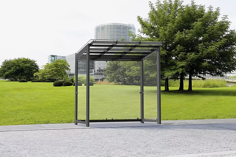 Wartehalle PICTOR Dachbreite x Dachtiefe 2400 mm x 1800 mm, Stahlkonstruktion feuerverzinkt und pulverbeschichtet inkl. Rück- / Seitenwände ESG, Klarglas, Dacheindeckung VSG, Klarglas