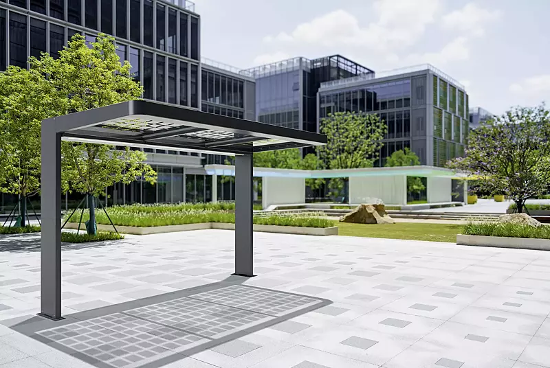 Wartehalle PURE PV, Dachbreite x Dachtiefe 4000 x 1800 mm, inklusive PV-Module, Steuerung und LED-Beleuchtung, Stahlkonstruktion in RAL 7016 anthrazitgrau