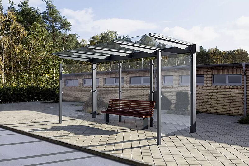 Wartehalle VIRGO mit Pultdach, Dachbreite x Dachtiefe 4720 mm x 1800 mm, Rück- / Seitenwände ESG, Klarglas, Sitzbank PESCARA, Stahlkonstruktion in RAL 7016 anthrazitgrau
