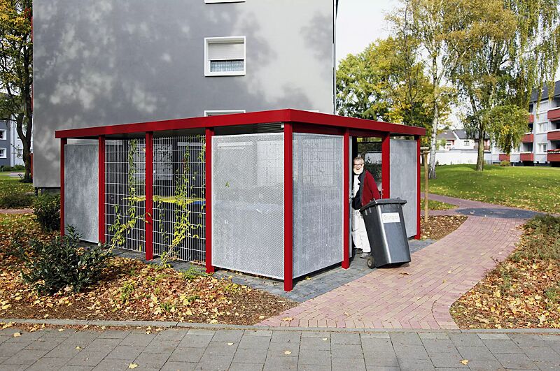 wertstoffueberdachung-flexi-box__shoKAT0020984 Wertstoffüberdachung FLEXI-BOX für 8 Stück Abfallgroßbehälter, Wandelemente und Schiebetür, einteilig, mit Doppelstabgittermatten, Eckwandelemente mit Lochblech, Stahlkonstruktion in RAL 3011 braunrot