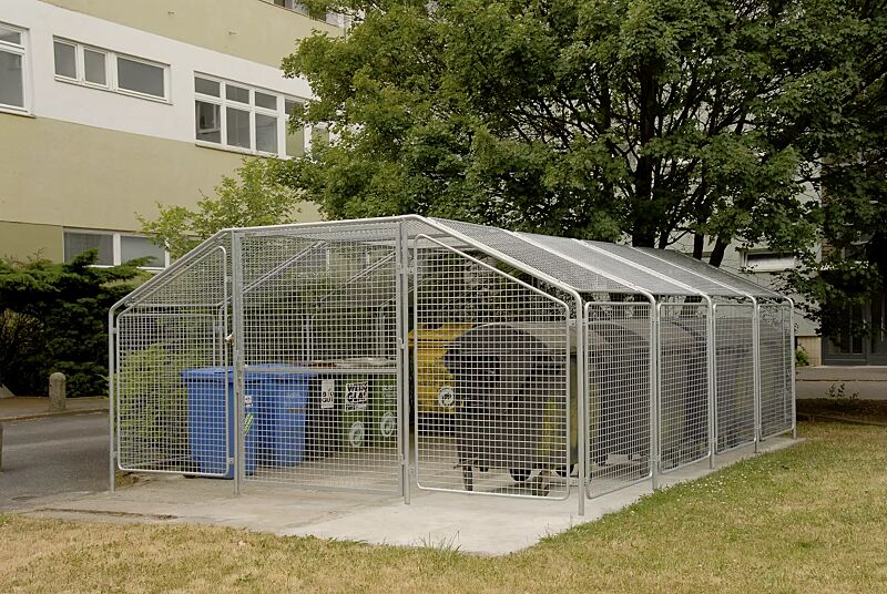 wertstoffueberdachung-sputnik__shoKAT0001138 Wertstoffüberdachung SPUTNIK für 8 Stück 4-Rad-Abfallgroßbehälter, Dachbreite x Dachtiefe 4750 mm x 6000 mm, Stahlkonstruktion feuerverzinkt