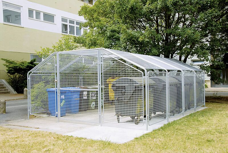 wertstoffueberdachung-sputnik__shoKAT0001140 Wertstoffüberdachung SPUTNIK für 8 Stück 4-Rad-Abfallgroßbehälter, Dachbreite x Dachtiefe 4750 mm x 6000 mm, Stahlkonstruktion feuerverzinkt