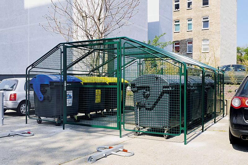 wertstoffueberdachung-sputnik__shoKAT0020111 Wertstoffüberdachung SPUTNIK für 6 Stück 4-Rad-Abfallgroßbehälter, Dachbreite x Dachtiefe 4750 mm x 4500 mm, Stahlkonstruktion in RAL 6005 moosgrün