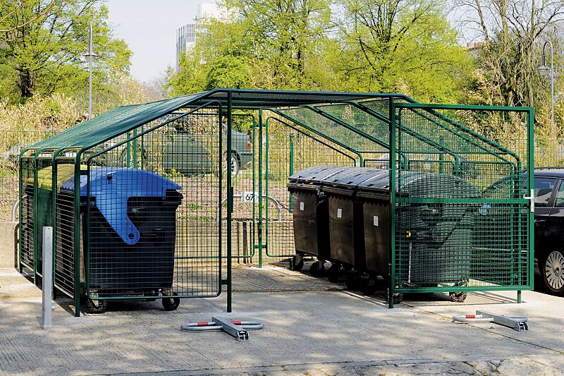 wertstoffueberdachung-sputnik__shoKAT0020112 Wertstoffüberdachung SPUTNIK für 6 Stück 4-Rad-Abfallgroßbehälter, Dachbreite x Dachtiefe 4750 mm x 450 mm, Stahlkonstruktion in RAL 6005 moosgrün